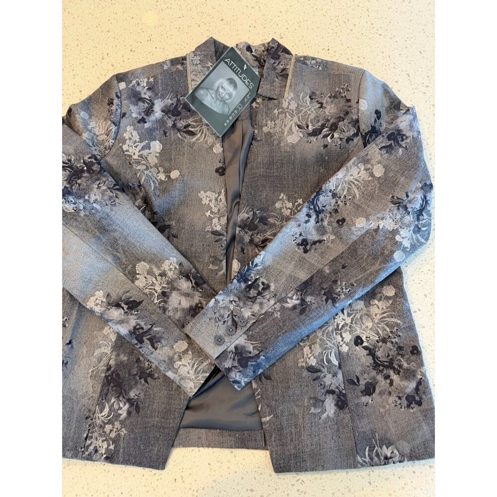 Attitudes by Renée Women's Gray Floral M Notch Lapel Single-Breasted Blazer